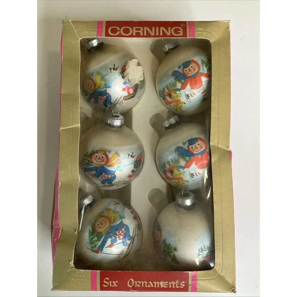 Vintage 1973 Corning Raggedy Andy Ski Teddy Christmas‎ Ornaments Bobbs Merrill